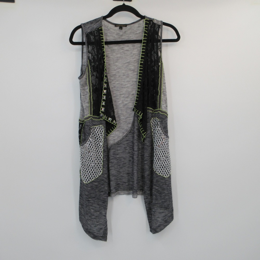 Alberto Makali Gray Space Dye Lace Studded Open Front Longline Vest Small